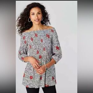 J. Jill Women’s Smocked‎ 3/4 Sleeve Knit Top Black Palm Secret Size Large